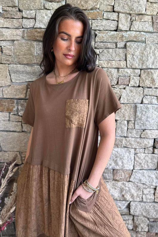 Tasha Damask T Shirt Maxi Dress Walnut